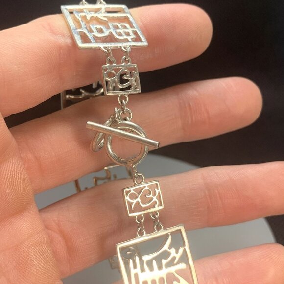 VTG Sterling Silver Chinese Character Lucky Symbol Bracelet Toggle Clasp Size 9" - Picture 5 of 10